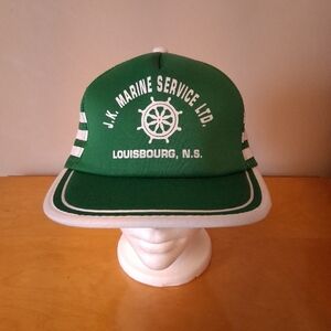 VTG 1980s AJM J.K. Marine Service Ltd. Louisbourg NS 3 Stripe Green Trucker Hat